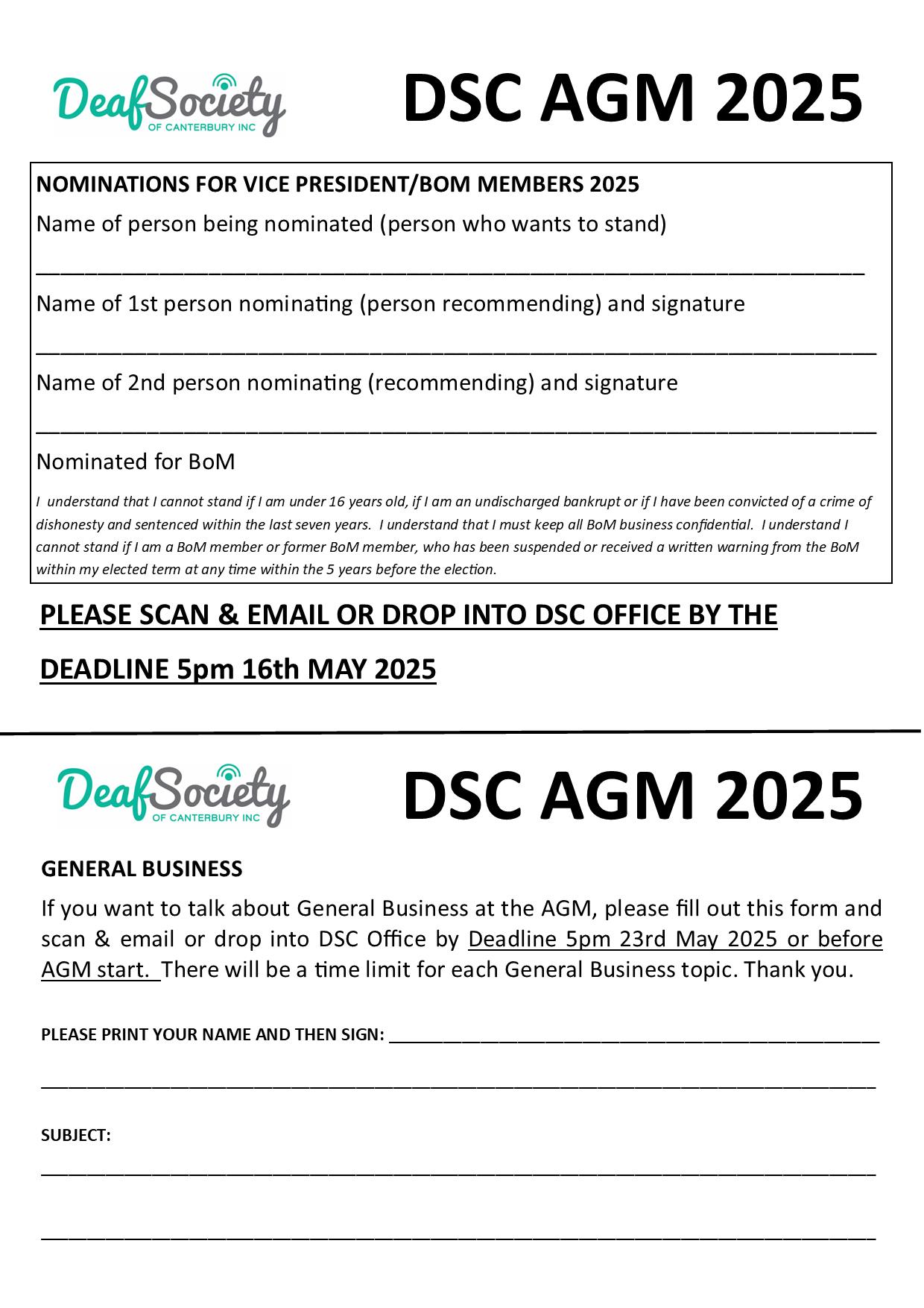 Nomination form and General Business 2025 DSCAdmin