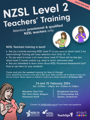 NZSL Level 2 Training PN and Chch training Feb24